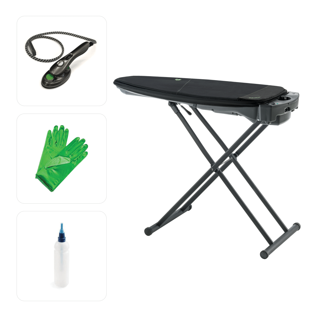 Andy Ironing Solution: a professional ironing board with vacuum and blowing functions and integrated steam technology. It’s the only ironing board that works without an iron. With the included Mimo accessory, it also functions as a precision steam iron for detailed areas or as a professional vertical steamer.